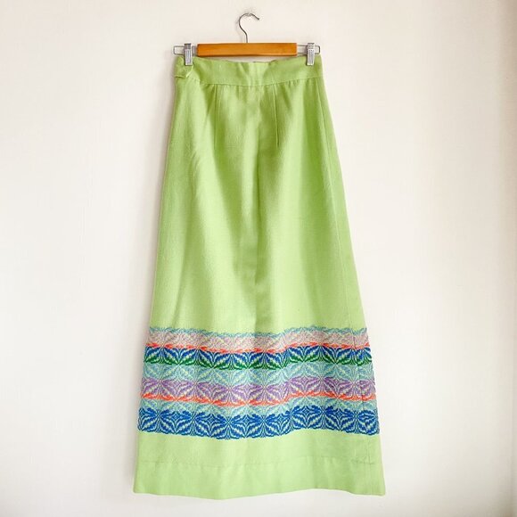 Vintage Lighweigth Wool Light Green Embroidered Ethnic Maxi  Skirt S - Picture 8 of 8